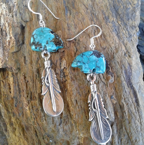 Sterling Silver Turquoise Bear Feather Earrings - Picture 7 of 7